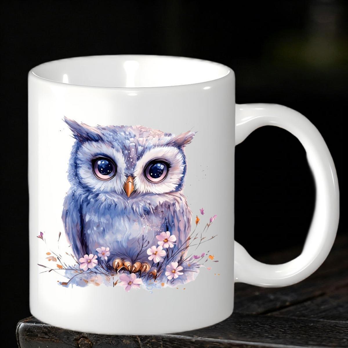 Tailorly White Ceramic 11 oz Mug - Adorable Purple Watercolor Bird Nestled Among Delicate Small Pink Blossoms Owl