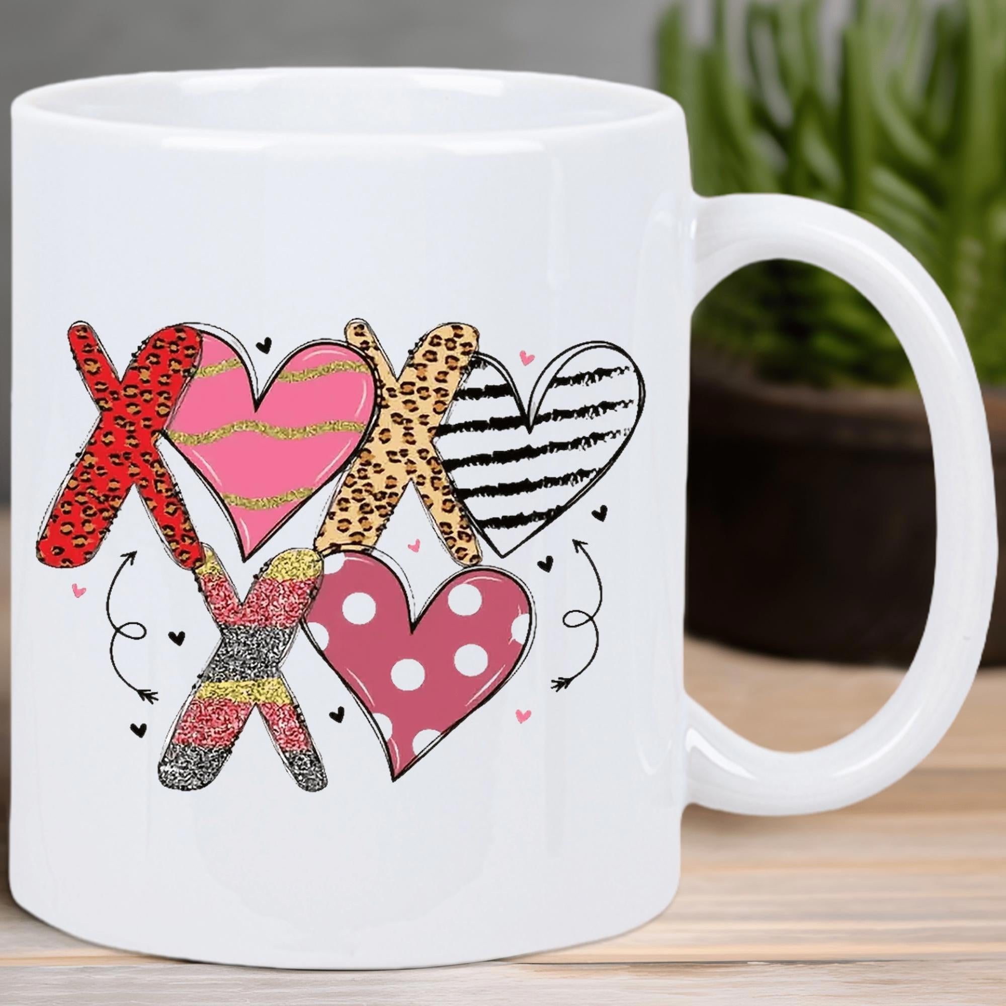 Tailorly White Ceramic 11 oz Mug - Xoxo Vibrant Leopard Print Stripes And Polka Dots Decorating Colorful Artistic Heart