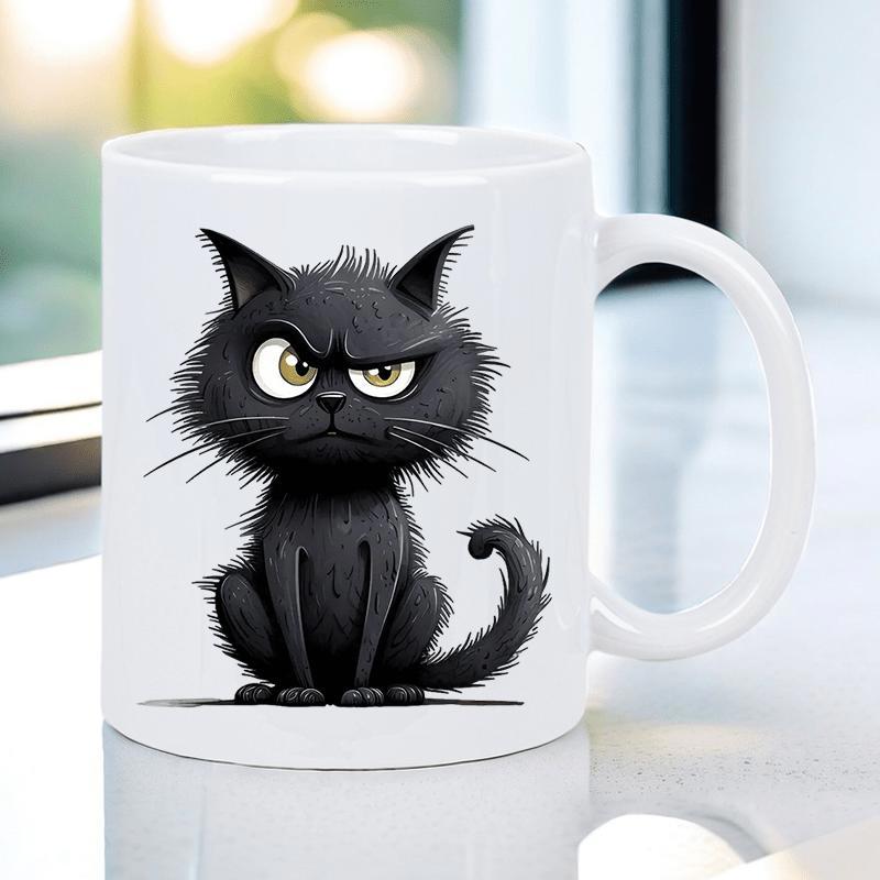 Tailorly White Ceramic 11 oz Mug - Grumpy Scruffy Black Feline With Large Eyes And Sharp Whiskers Sitting Cat
