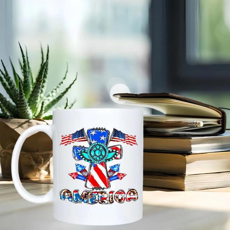 Tailorly White Ceramic 11 oz Mug - America Patriotic American Flag Pattern With Fireworks And Stars Inside A Christian Cross