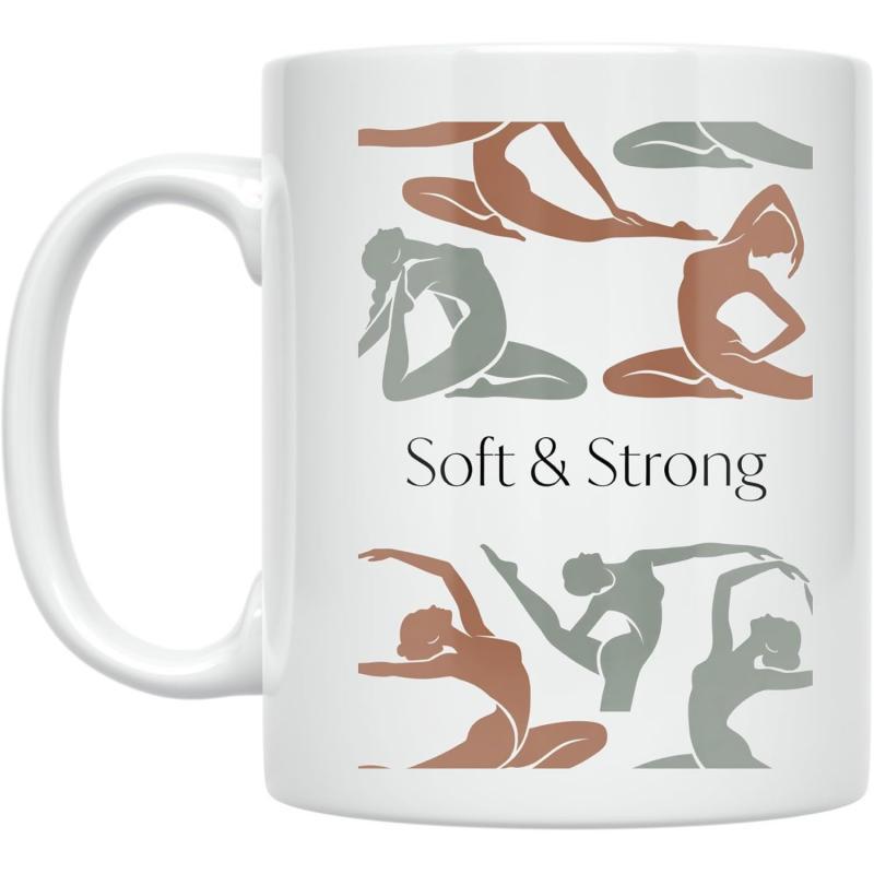 Tailorly White Ceramic 11 oz Mug - Soft Strong Abstract Artistic Female Figures Performing Graceful Yoga Poses In Earthy Tones Silhouette