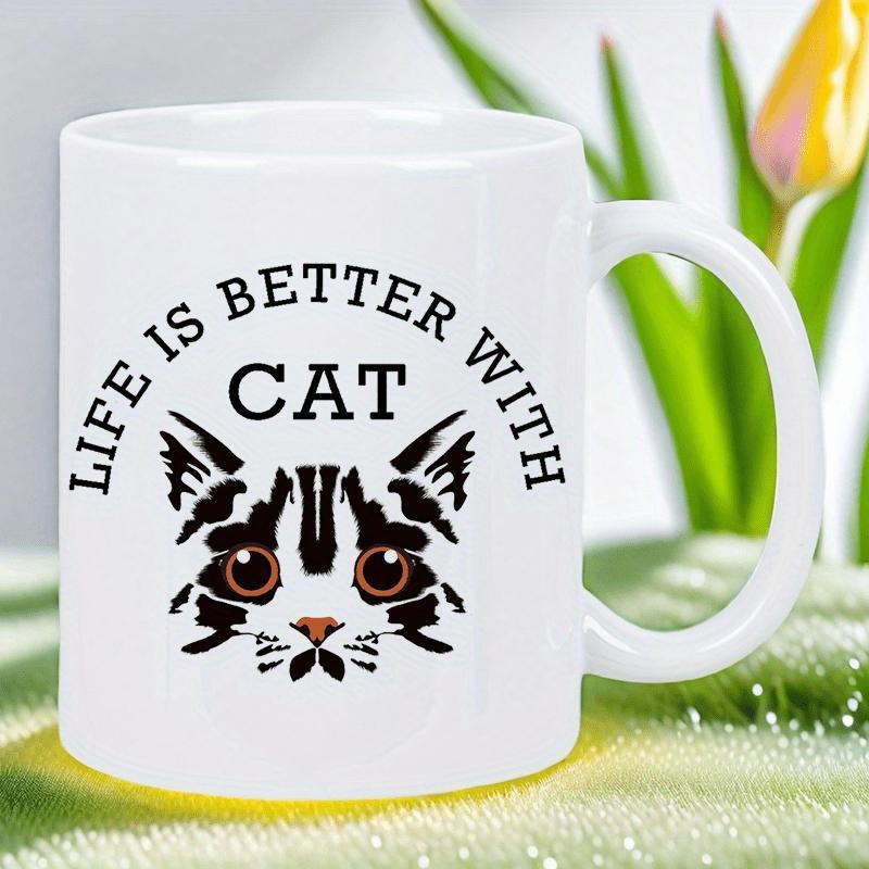 Tailorly White Ceramic 11 oz Mug - Life Is Better With Cat Stylized Black And White Feline Face With Large Expressive Brown Eyes Cat