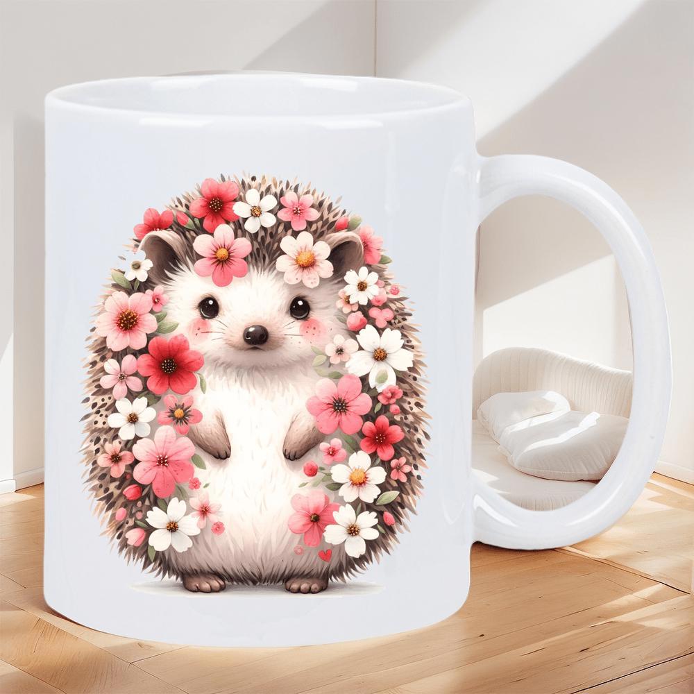 Tailorly White Ceramic 11 oz Mug - Adorable Floral Arrangement Surrounded By Delicate Pink Blooming Spring Garden Hedgehog