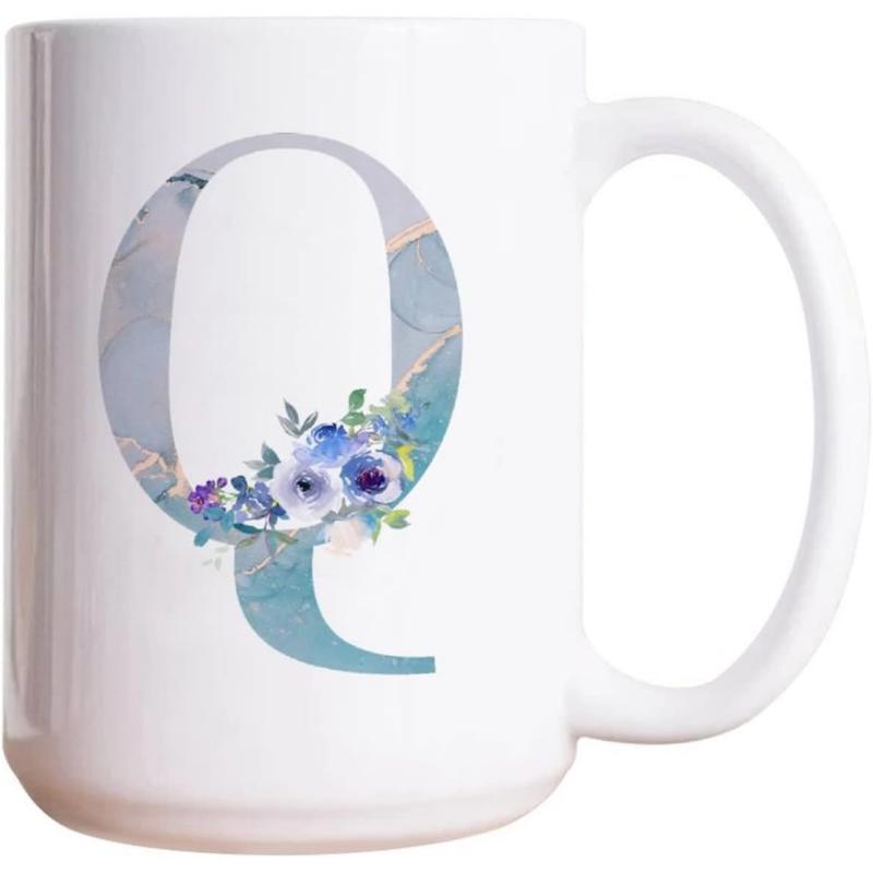 Tailorly White Ceramic 11 oz Mug - Q Blue Marble Texture Featuring Elegant Floral Bloom And Green Botanical Leaves Mug