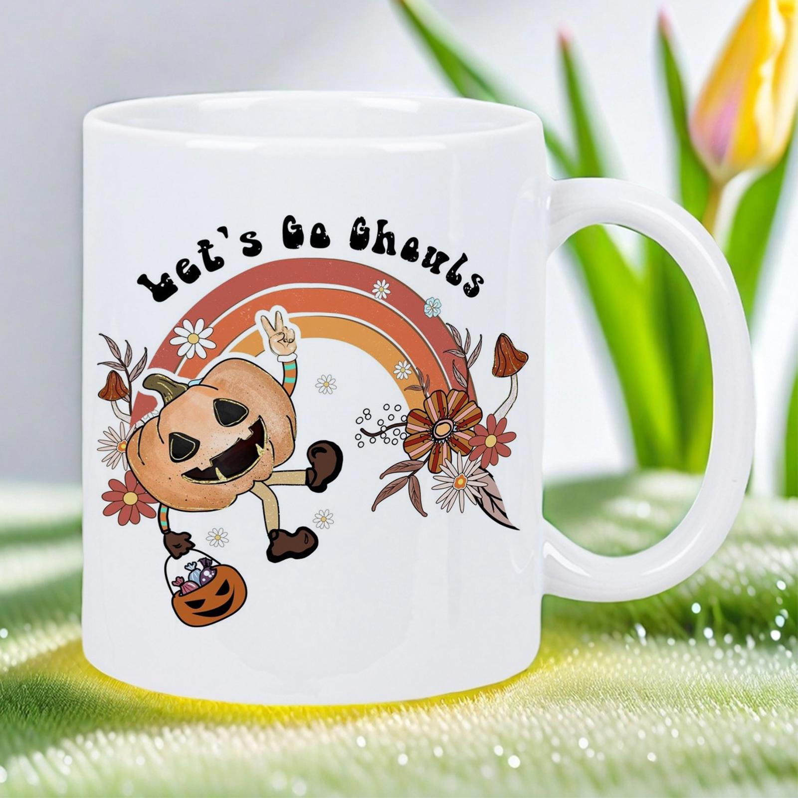 Tailorly White Ceramic 11 oz Mug - Let's Be Ghouls Vintage Retro Rainbow With Blooming Autumn Flowers And Dancing Halloween Pumpkin