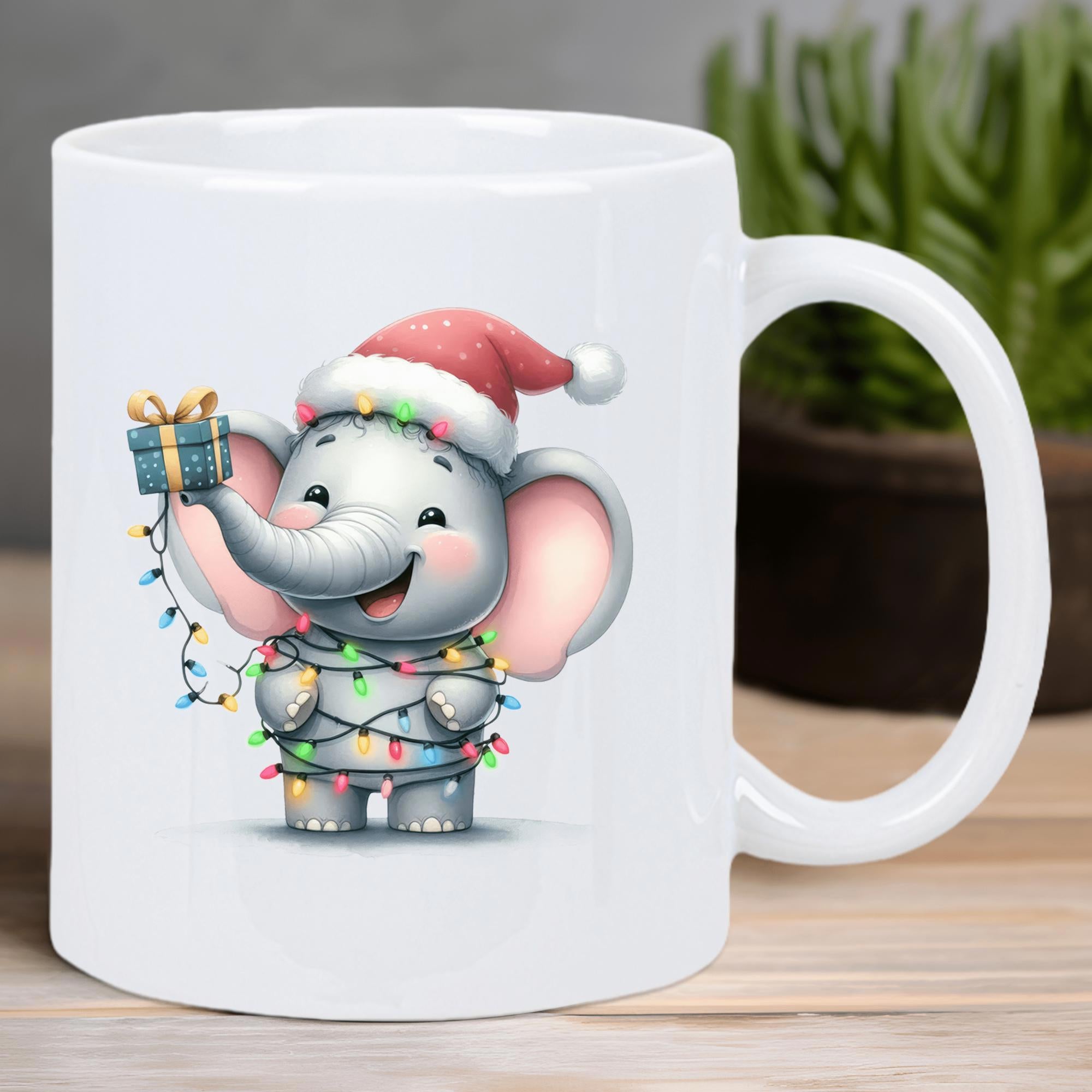 Tailorly White Ceramic 11 oz Mug - Festive Baby Wearing Red Santa Hat Wrapped In Colorful Twinkling Christmas Lights Elephant
