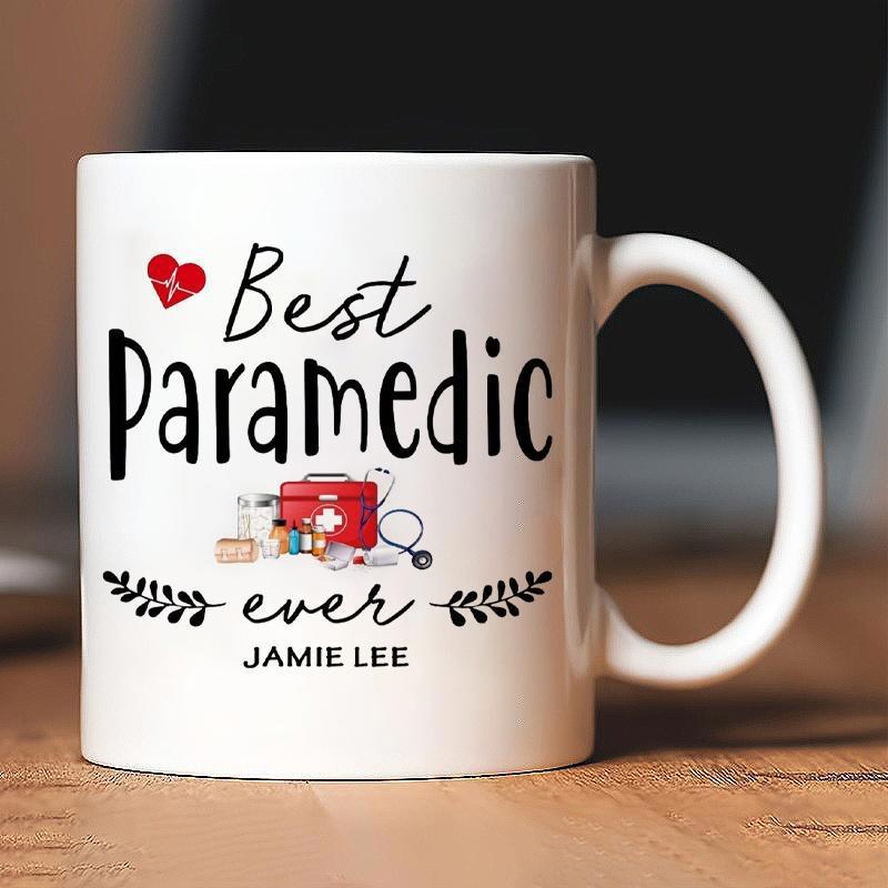 Tailorly White Ceramic 11 oz Mug - Best Paramedic Ever Jamie Lee Medical Stethoscope And Red First Aid Kit With Vine Accents Design