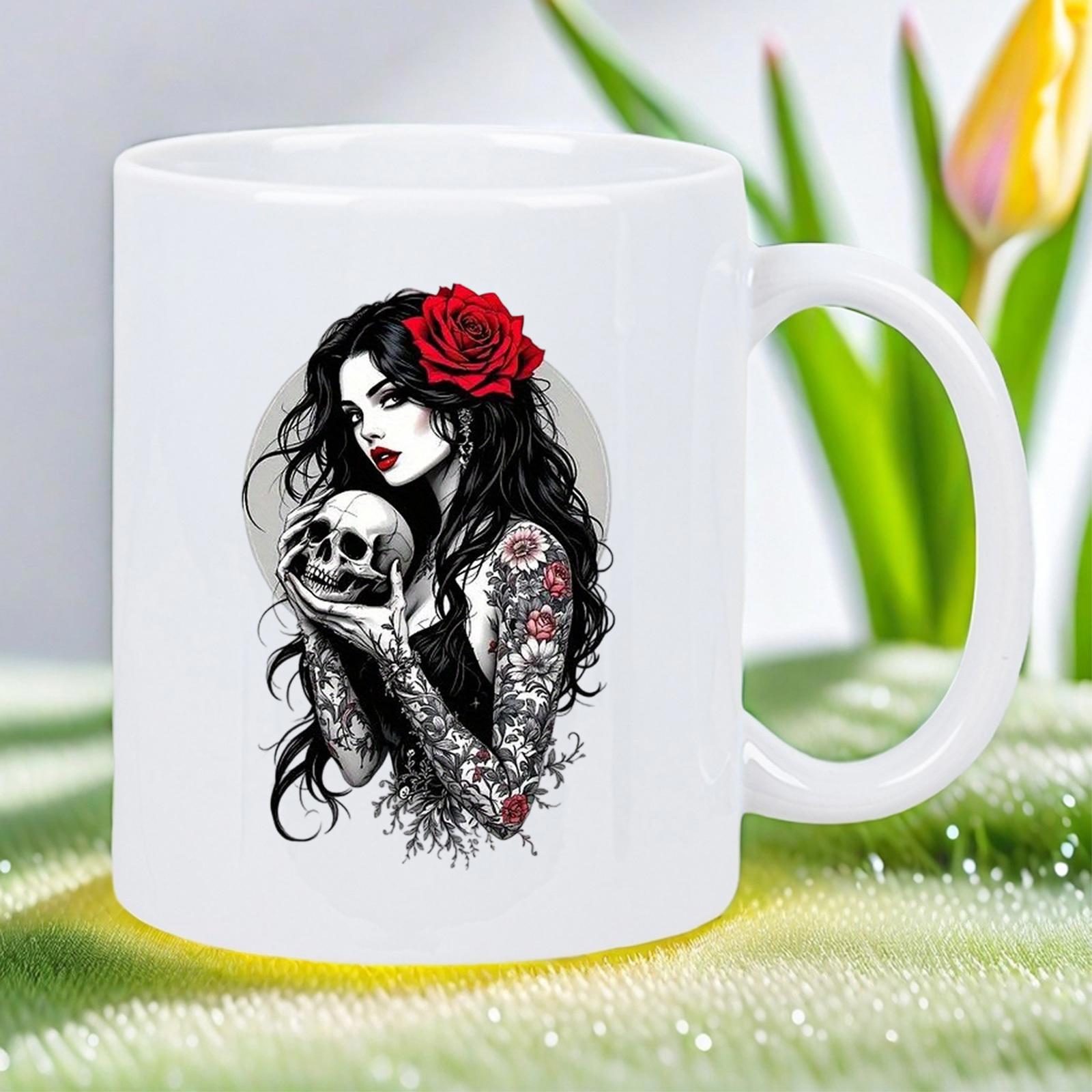 Tailorly White Ceramic 11 oz Mug - Dark Gothic Lady With Floral Tattoos Holding A Mysterious Human Skull Woman