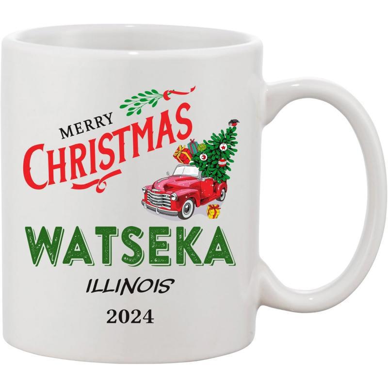 Tailorly White Ceramic 11 oz Mug - Merry Christmas Watseka Illinois 2024 Vintage Red Classic Pickup Carrying A Decorated Festive Christmas Tree With Gifts Truck