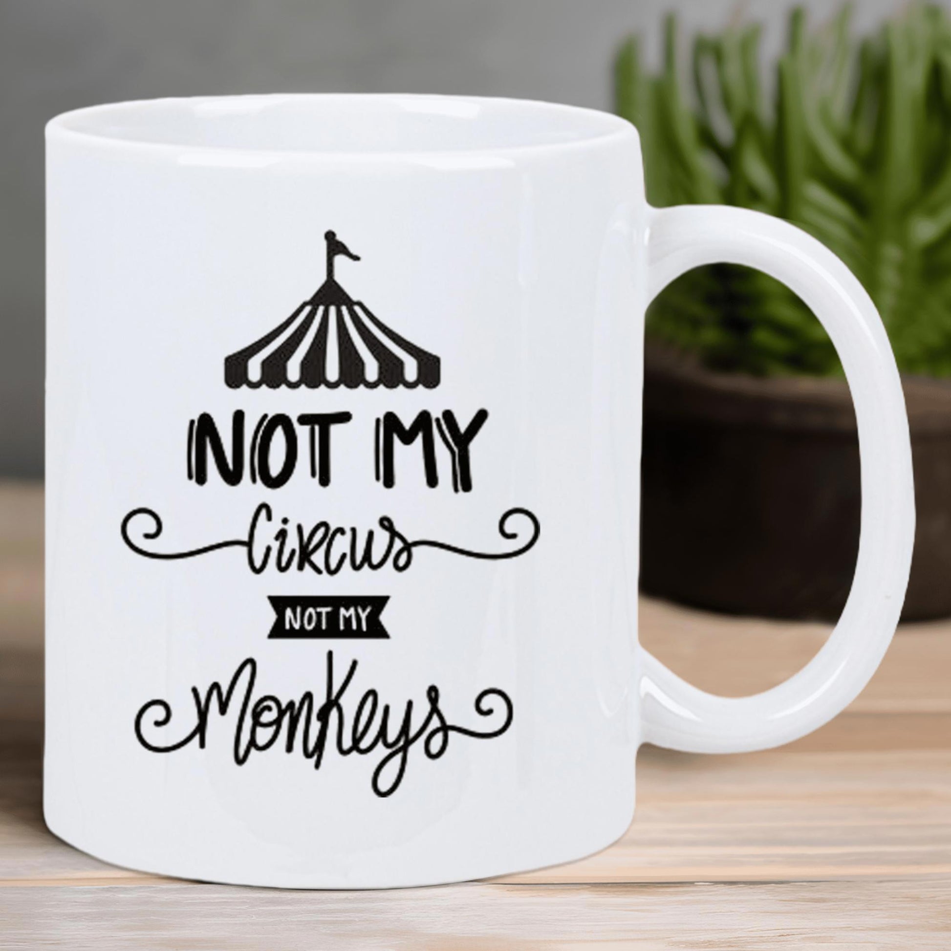 Tailorly White Ceramic 11 oz Mug - Not My Circus Not My Monkeys Simple Black Striped Minimalist Design With Decorative Elements Circus Tent
