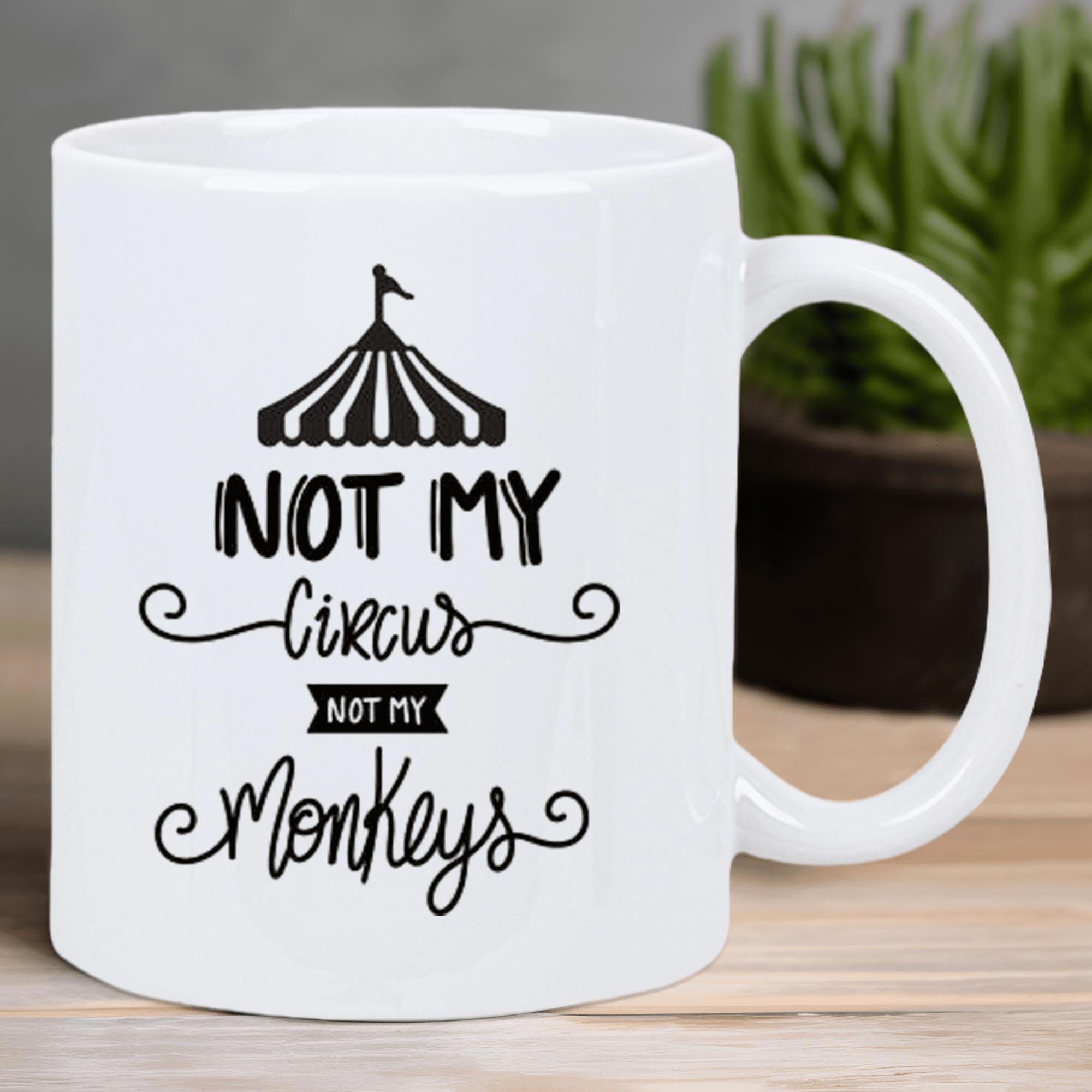 Tailorly White Ceramic 11 oz Mug - Not My Circus Not My Monkeys Simple Black Striped Minimalist Design With Decorative Elements Circus Tent