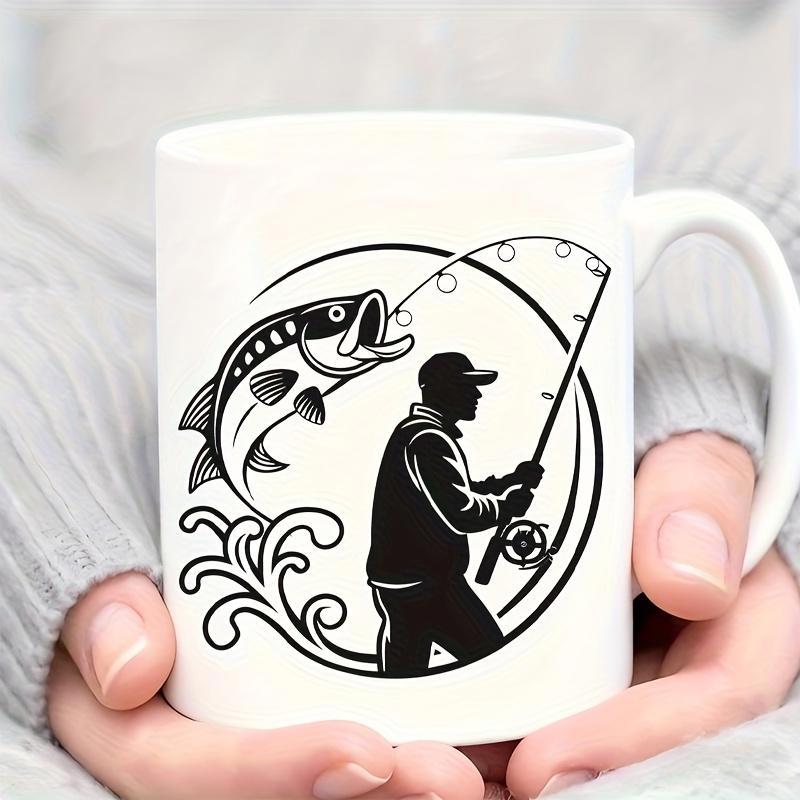 Tailorly White Ceramic 11 oz Mug - Silhouette Style Man Catching Large Jumping Bass Near Splashing Waves Fisherman