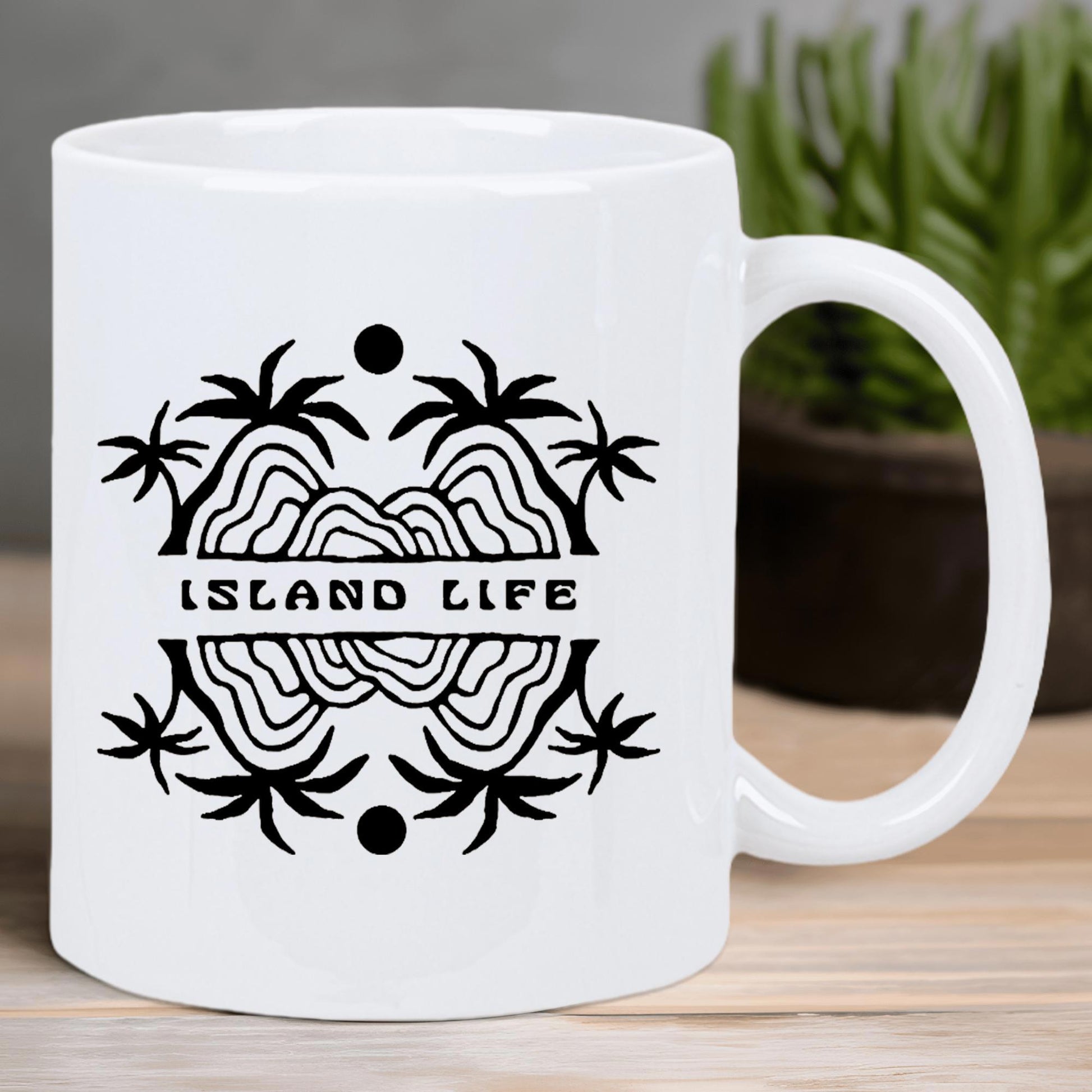 Tailorly White Ceramic 11 oz Mug - Island Life Symmetrical Minimalist Tropical Palm Trees Over Rippling Ocean Waves And Sun Landscape