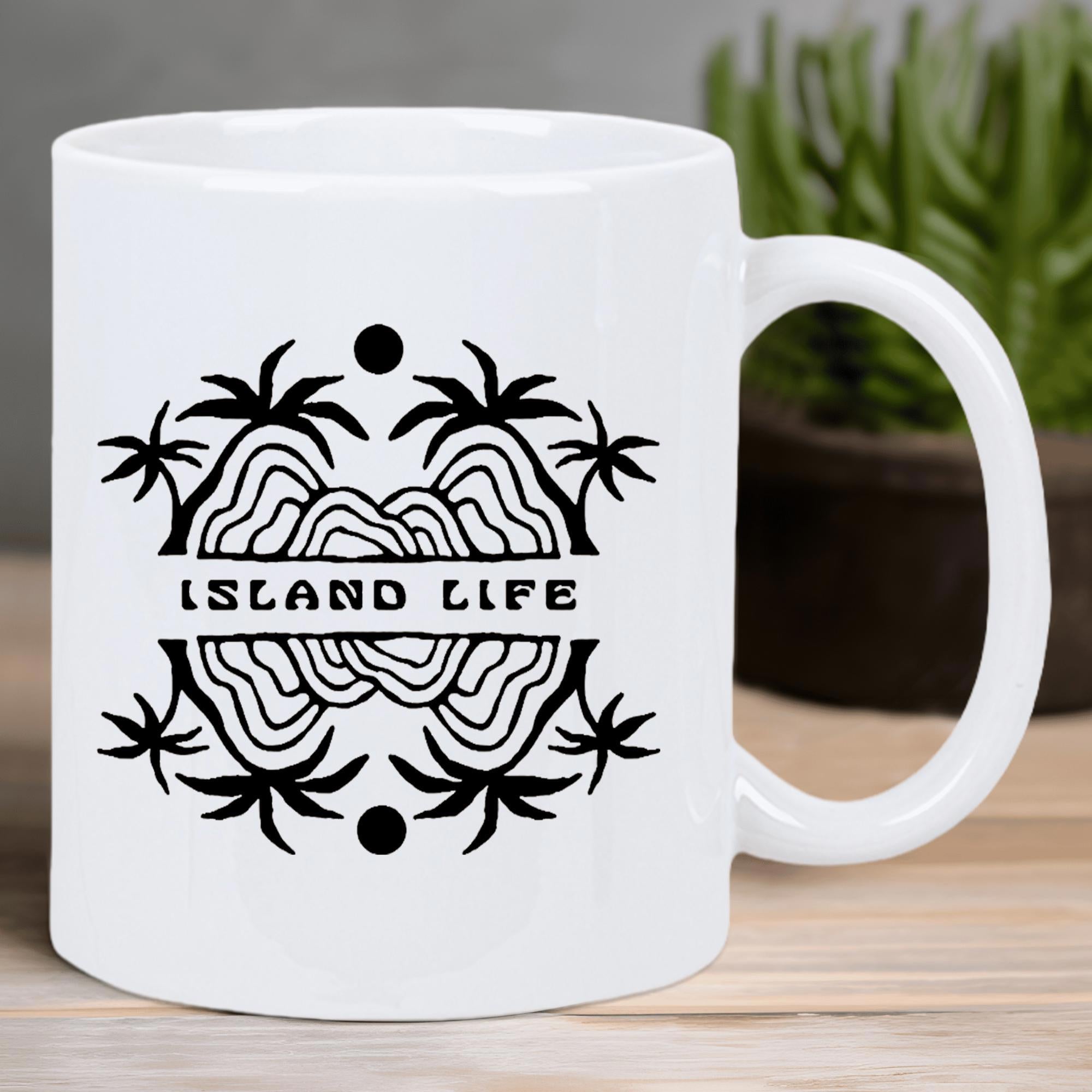 Tailorly White Ceramic 11 oz Mug - Island Life Symmetrical Minimalist Tropical Palm Trees Over Rippling Ocean Waves And Sun Landscape