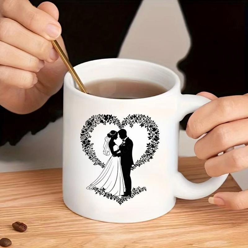 Tailorly White Ceramic 11 oz Mug - Elegant Romantic Wedding Silhouette Within A Decorative Floral Heart Shaped Frame Couple