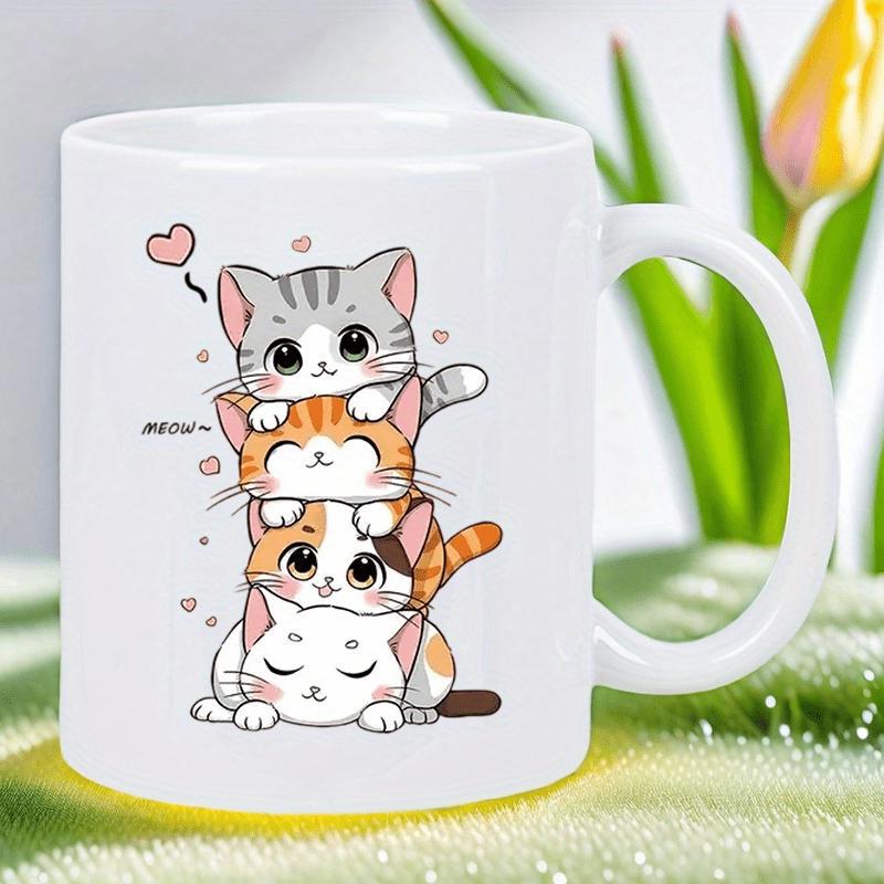 Tailorly White Ceramic 11 oz Mug - Meow Adorable Stack Of Four Colorful Kittens Featuring Tiny Hearts And Bubbles Cat