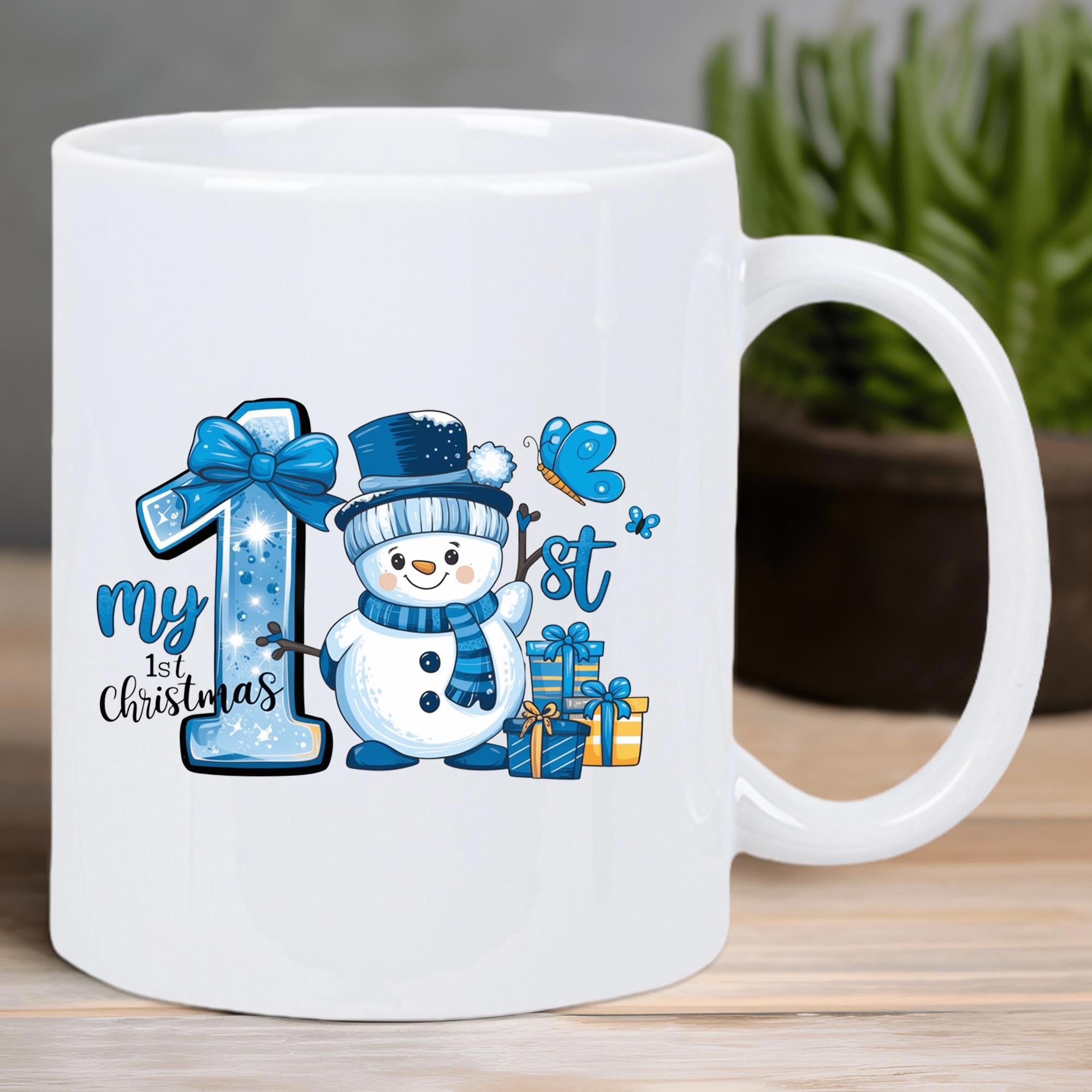 Tailorly White Ceramic 11 oz Mug - My 1st Christmas Cute Little Snowman Among Blue Presents And Dancing Tiny Butterflies Snowman