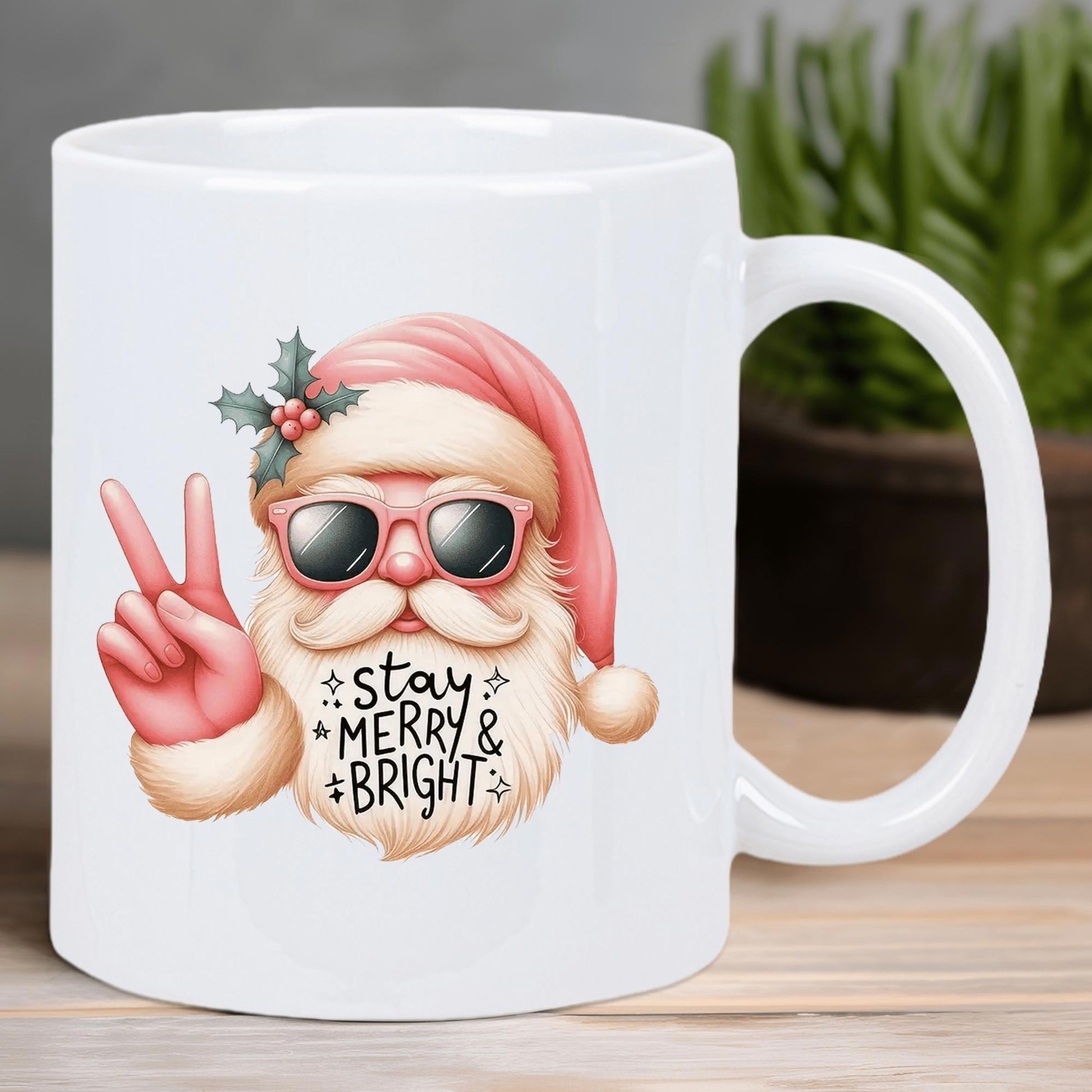 Tailorly White Ceramic 11 oz Mug - Stay Merry Bright Whimsical Christmas Character Wearing Sunglasses Making Peace Sign Santa