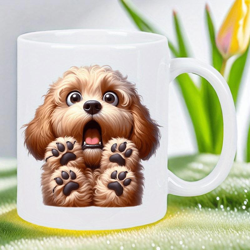 Tailorly White Ceramic 11 oz Mug - Adorable Fluffy Brown Puppy With Surprised Expression Showing Paws Cute Dog