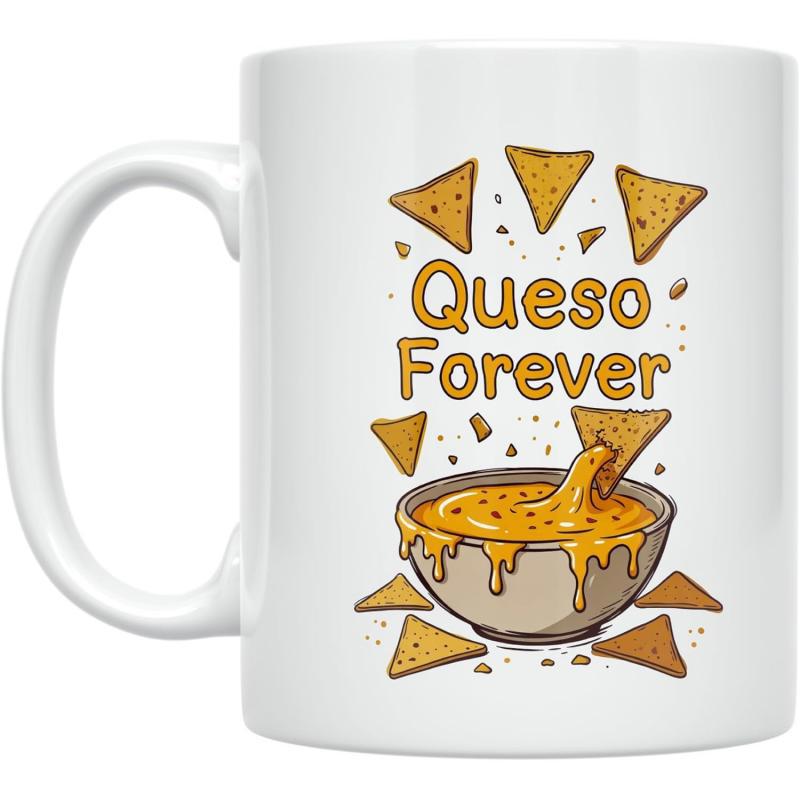 Tailorly White Ceramic 11 oz Mug - Queso Forever Crunchy Triangular Chips Dipping Into Warm Melted Cheese Sauce In Bowl