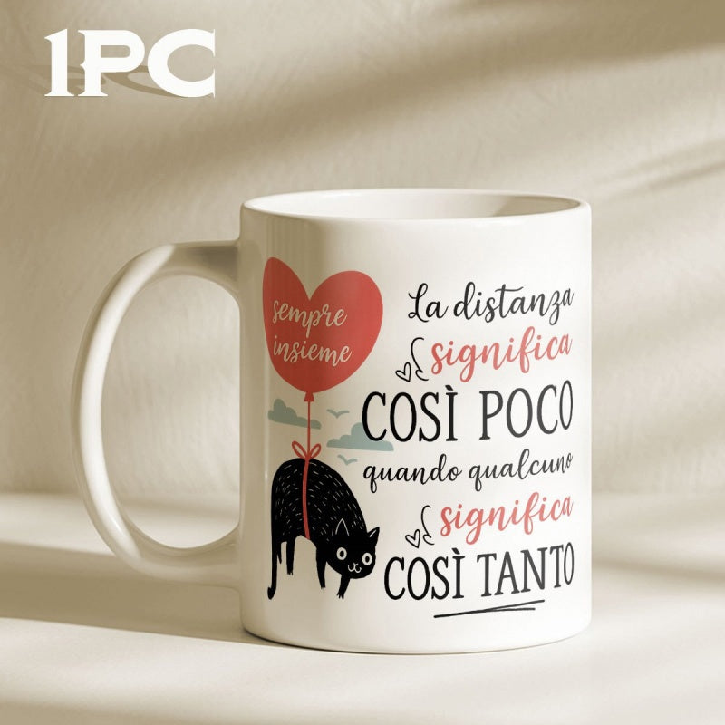 Tailorly White Ceramic 11 oz Mug - Adorable Black Kitten Hanging From Red Heart Balloon Among Soft Clouds Cat