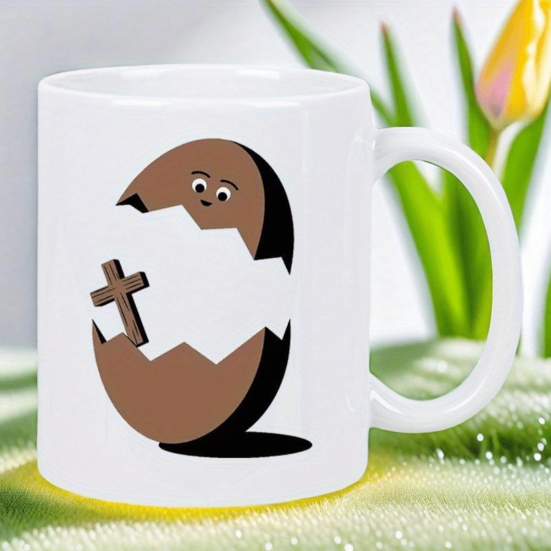 Tailorly White Ceramic 11 oz Mug - Broken Brown Easter Egg Featuring A Religious Cross And Cute Smile Egg