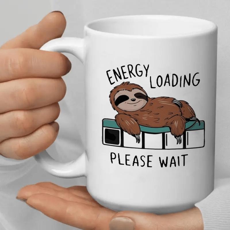Tailorly White Ceramic 11 oz Mug - Energy Loading Please Wait Brown Cartoon Animal Resting On A Digital Progress Bar Sloth