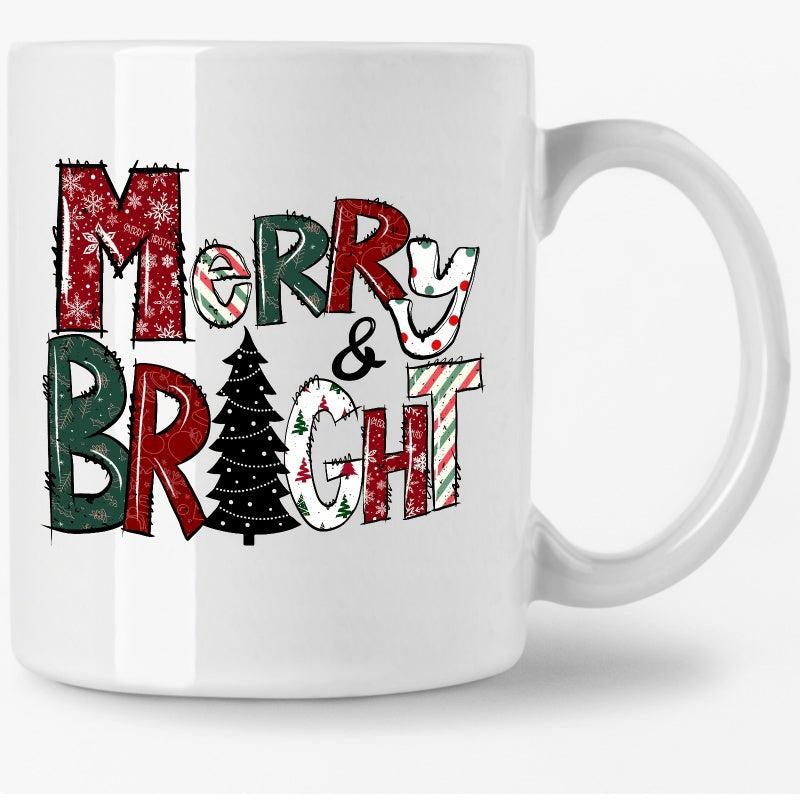 Tailorly White Ceramic 11 oz Mug - Merry Bright Festive Christmas Tree Featuring Patterned Letters And Winter Snowflakes Mug