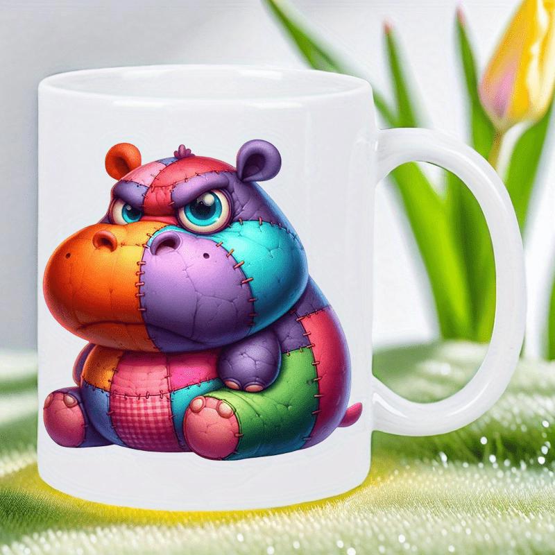 Tailorly White Ceramic 11 oz Mug - Colorful Stitched Patchwork Fabric Pattern With Grumpy Artistic Expression Sitting Hippo