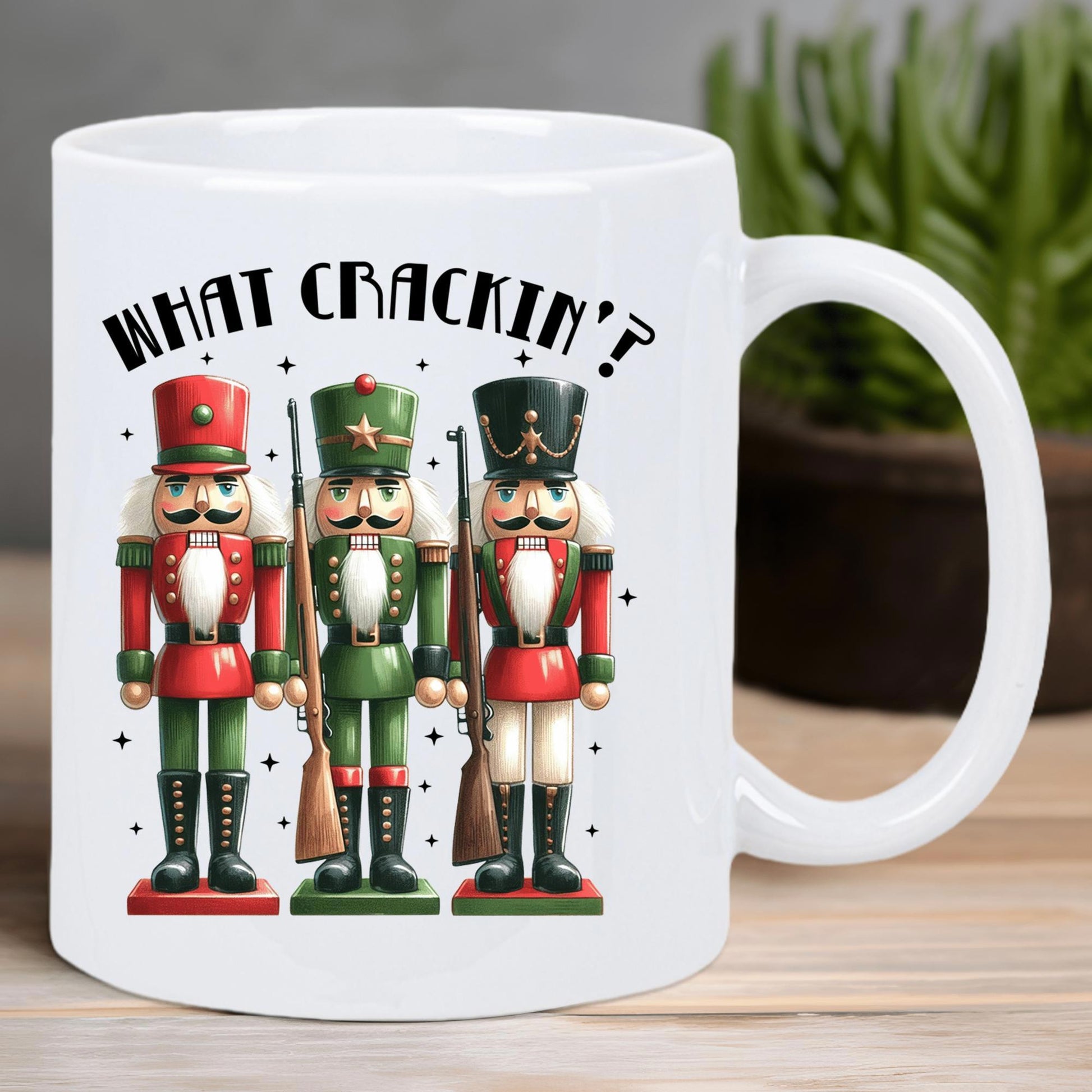Tailorly White Ceramic 11 oz Mug - What Crackin Three Traditional Soldier Dolls Standing In Festive Military Uniforms Under Snowflakes Nutcracker