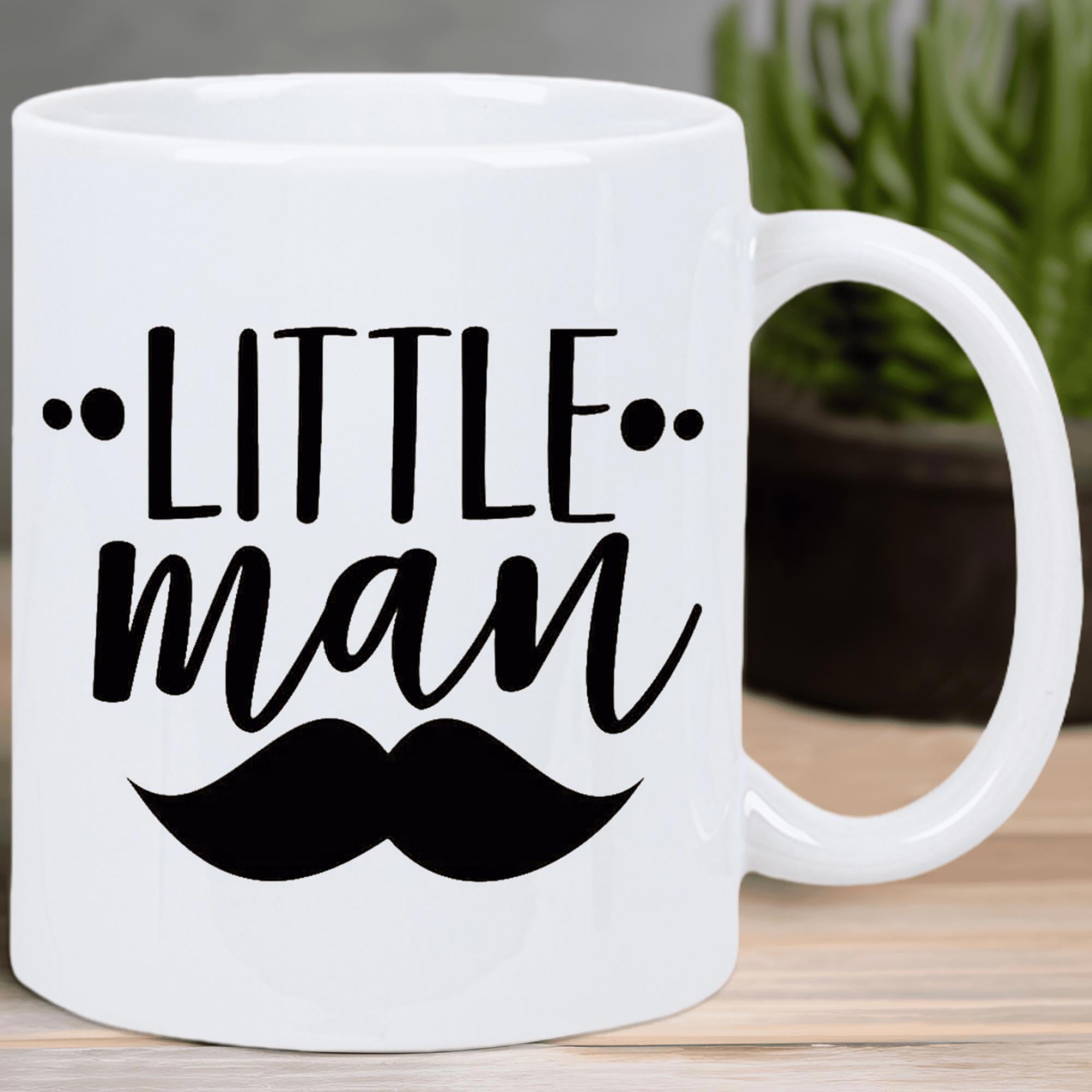 Tailorly White Ceramic 11 oz Mug - Little Man Bold Dark Lettering Paired With A Traditional Handlebar Style Black Mustache Mug