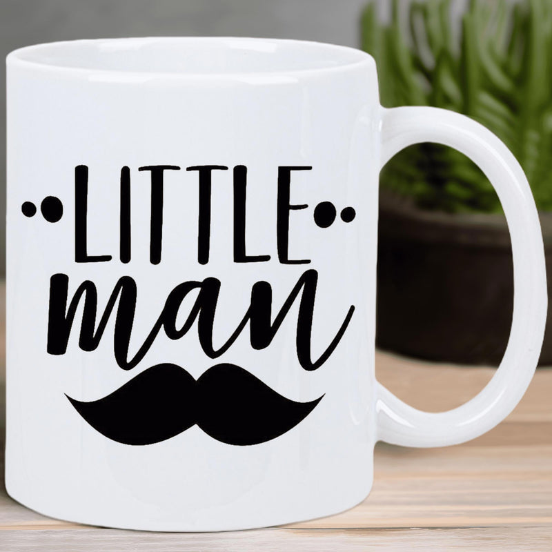 Tailorly White Ceramic 11 oz Mug - Little Man Bold Dark Lettering Paired With A Traditional Handlebar Style Black Mustache Mug