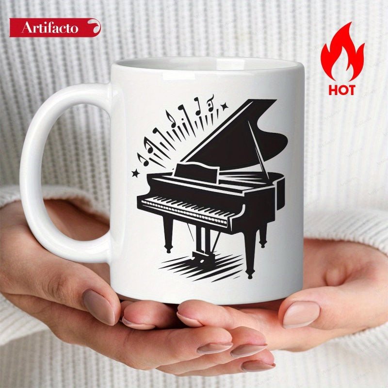 Tailorly White Ceramic 11 oz Mug - Artistic Black Musical Notes Rising From An Elegant Classical Grand Piano