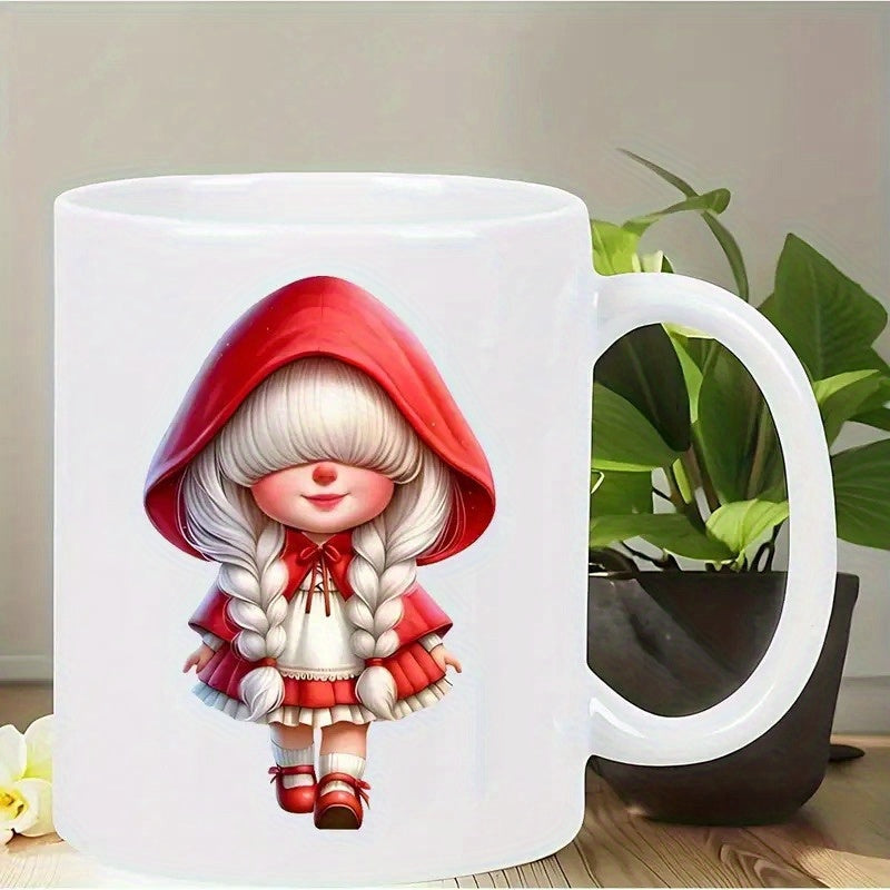 Tailorly White Ceramic 11 oz Mug - Adorable Little Red Riding Hood Character Wearing Red Cape And White Braids Girl