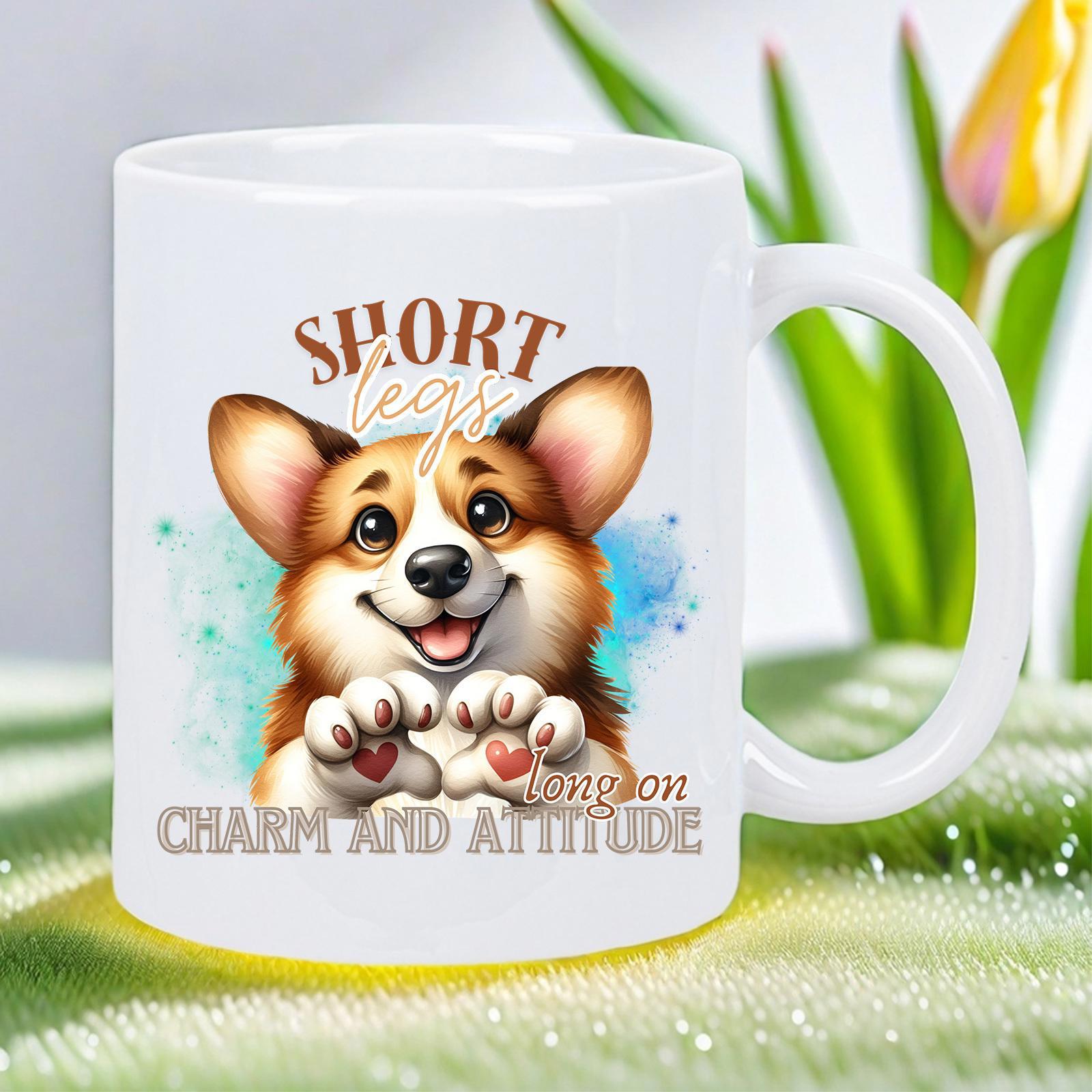 Tailorly White Ceramic 11 oz Mug - Short Legs Big Charm And Attitude Adorable Smiling Dog With Heart Paws And Blue Watercolor Background Corgi
