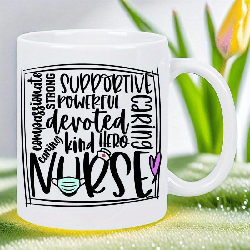 Tailorly White Ceramic 11 oz Mug - Supportive Compassionate Kind Hero Nurse Artistic Typography Within Square Frame Featuring Medical Icons And Purple Heart Mug