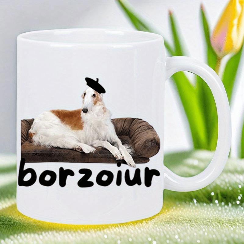Tailorly White Ceramic 11 oz Mug - Borzoiur Elegant Russian Wolfhound Wearing Black Beret Resting On Brown Leather Couch Dog
