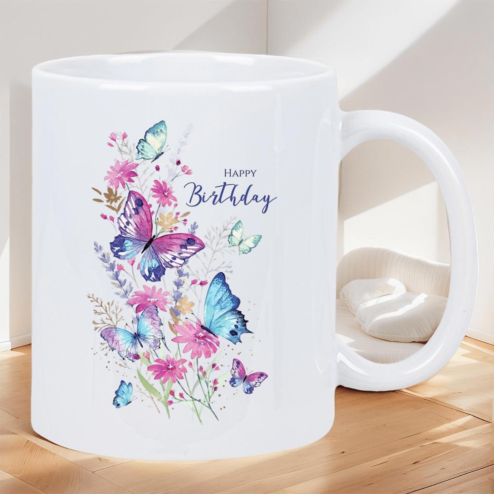 Tailorly White Ceramic 11 oz Mug - Happy Birthday Delicate Watercolor Wings Fluttering Through Soft Floral Meadow Butterfly