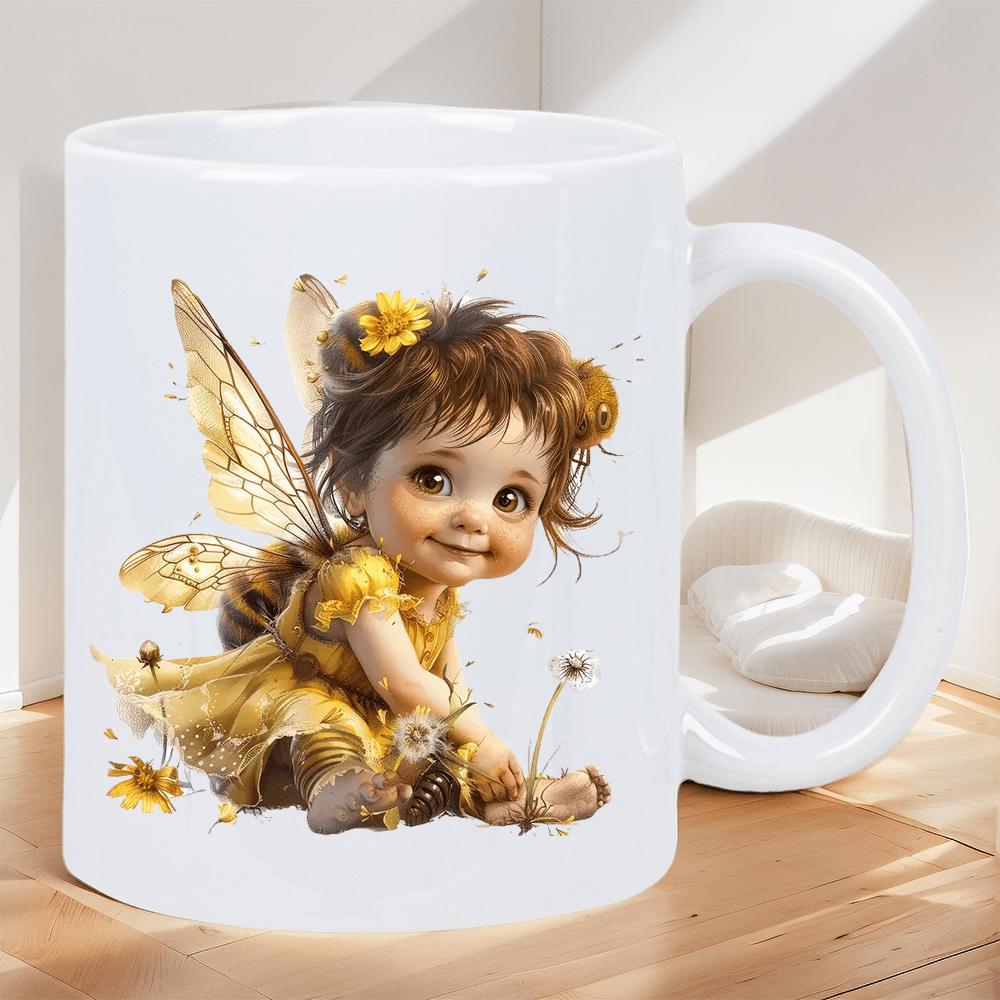 Tailorly White Ceramic 11 oz Mug - Golden Child With Delicate Wings Sitting Among Small Flowers Fairy