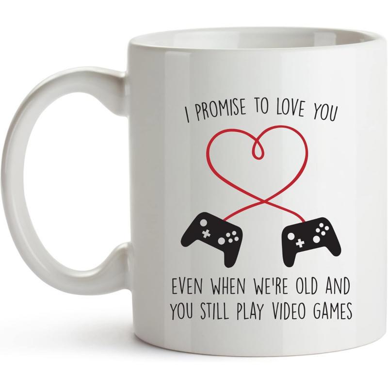 Tailorly White Ceramic 11 oz Mug - I Promise To Love You Even When We Re Old And You Still Play Video Games Two Black Game Controllers Connected By A Delicate Red