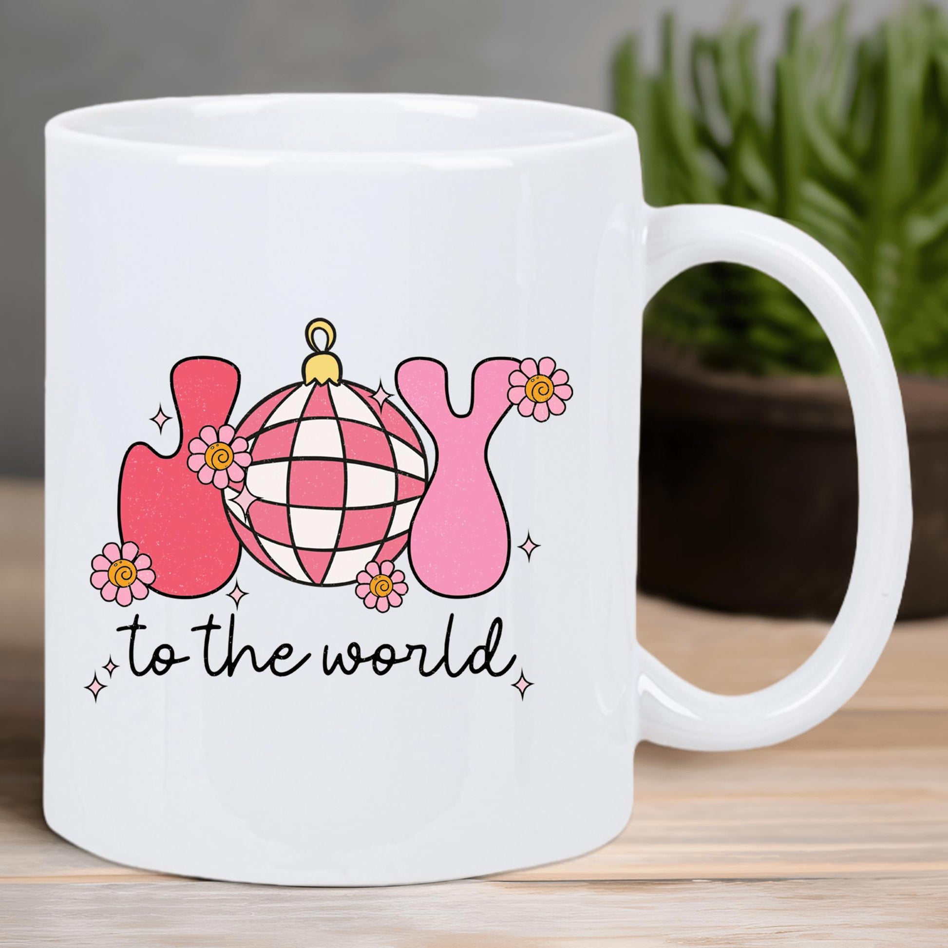 Tailorly White Ceramic 11 oz Mug - Joy To The World Retro Pink Bubble Letters With Checkered Disco Ball And Small Floral Stars Mug