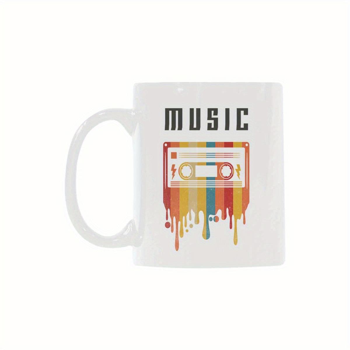Tailorly White Ceramic 11 oz Mug - Music Retro Vintage Style With Colorful Dripping Paint Stripes Behind Classical Audio Cassette