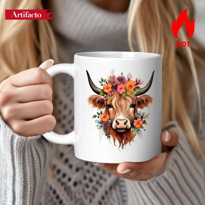 Tailorly White Ceramic 11 oz Mug - Rustic Shaggy Majestic Horns Highland With Colorful Floral Crown Cow