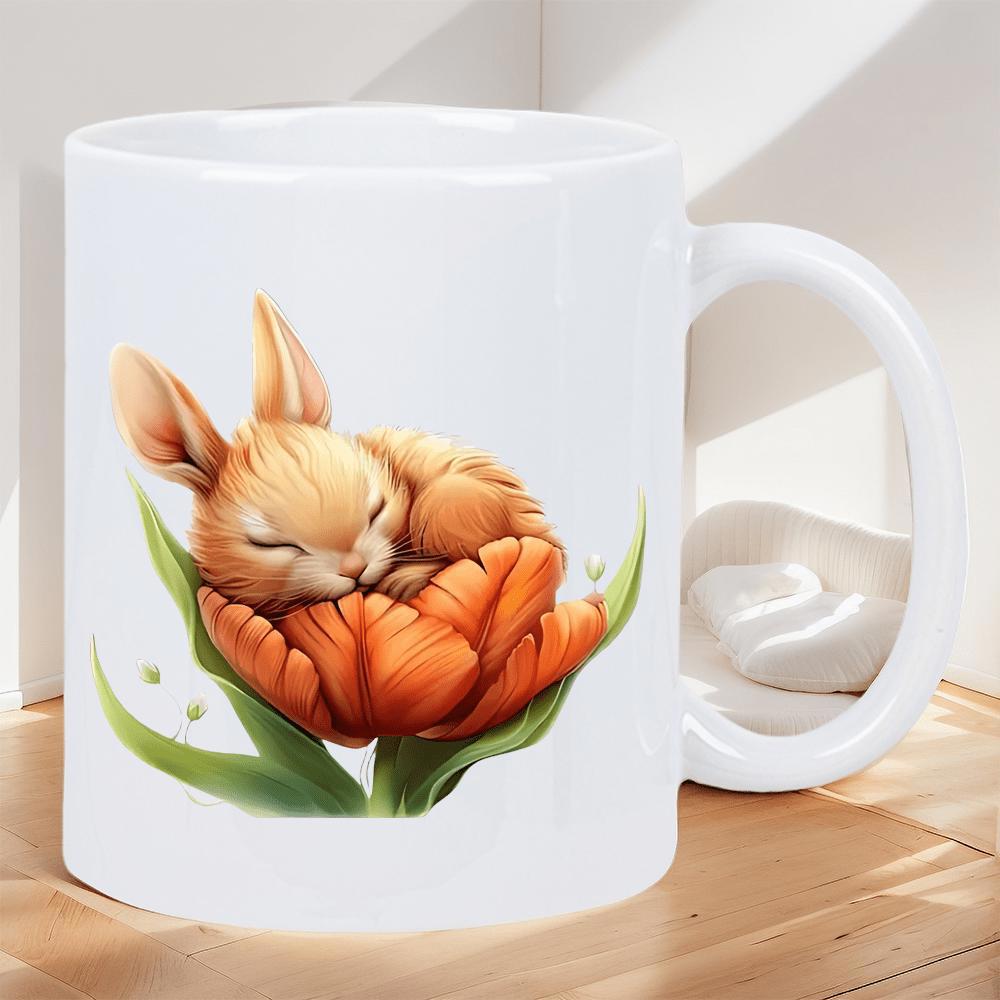 Tailorly White Ceramic 11 oz Mug - Peaceful Ginger Creature Resting Calmly Inside A Vibrant Orange Blooming Flower Bunny