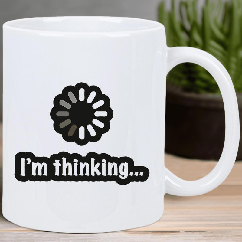 Tailorly White Ceramic 11 oz Mug - I'm Thinking Digital Loading Icon Rotating With Gray Bars Against White Background Mug