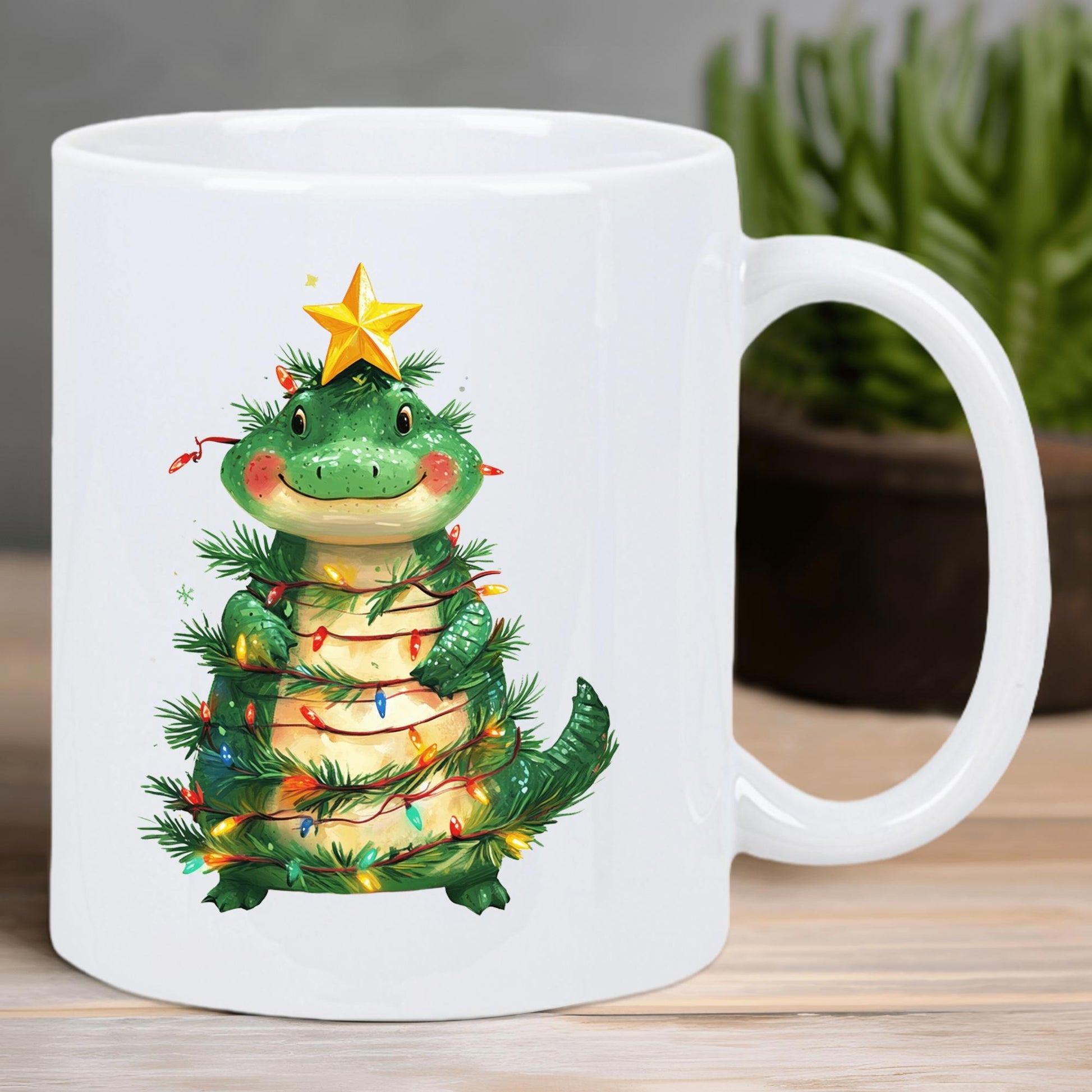 Tailorly White Ceramic 11 oz Mug - Cute Festive Green Alligator Wrapped In Sparkling Christmas Lights With Star Dinosaur