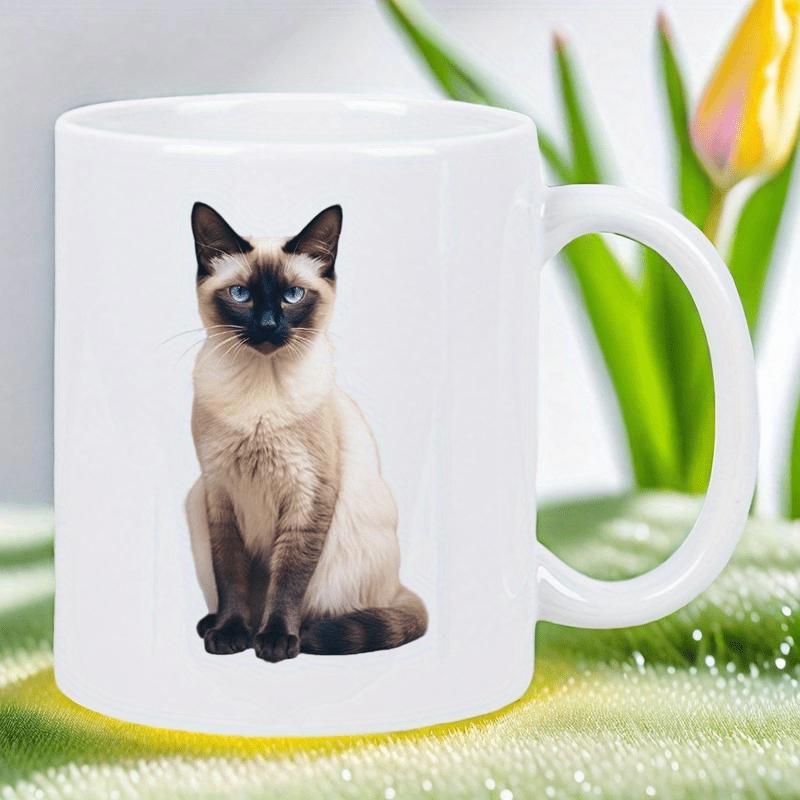 Tailorly White Ceramic 11 oz Mug - Elegant Graceful Sitting Siamese Feline With Deep Blue Eyes And Dark Points Cat