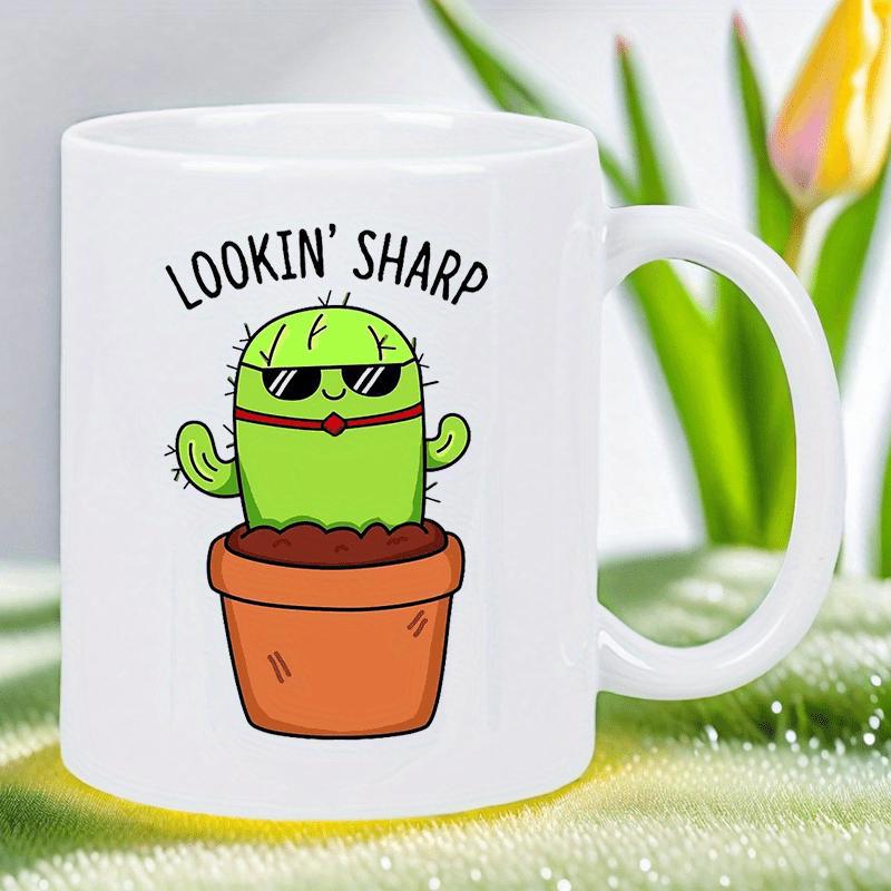 Tailorly White Ceramic 11 oz Mug - Lookin Sharp Smiling Green Cactus Wearing Cool Sunglasses In Simple Pot Cactus