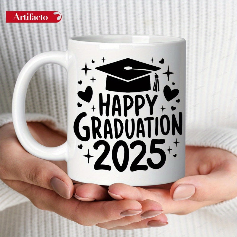 Tailorly White Ceramic 11 oz Mug - Happy Graduation 2025 Academic Mortarboard Surrounded By Twinkling Stars And Decorative Hearts Cap