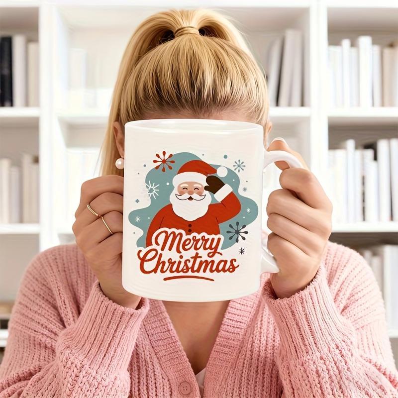 Tailorly White Ceramic 11 oz Mug - Merry Christmas Jolly Festive Character Waving Among Snowflakes And Decorative Winter Stars Santa
